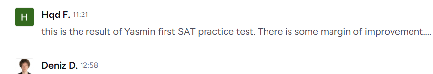 Message from a student's parent sharing the result of Yasmin's first SAT practice test after the trial lesson